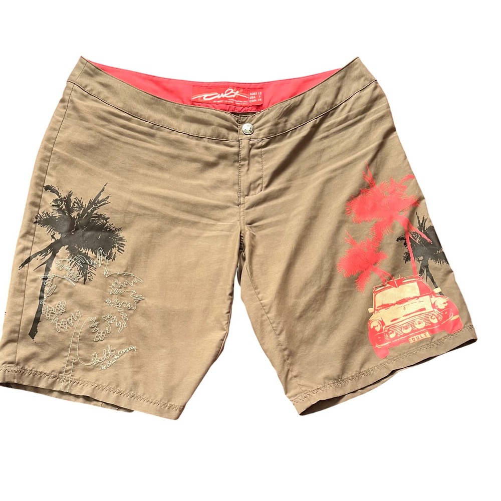Cult Industries Women's Tan Palm Tree Mini Cooper Graphic Board Shorts Size‎ 7